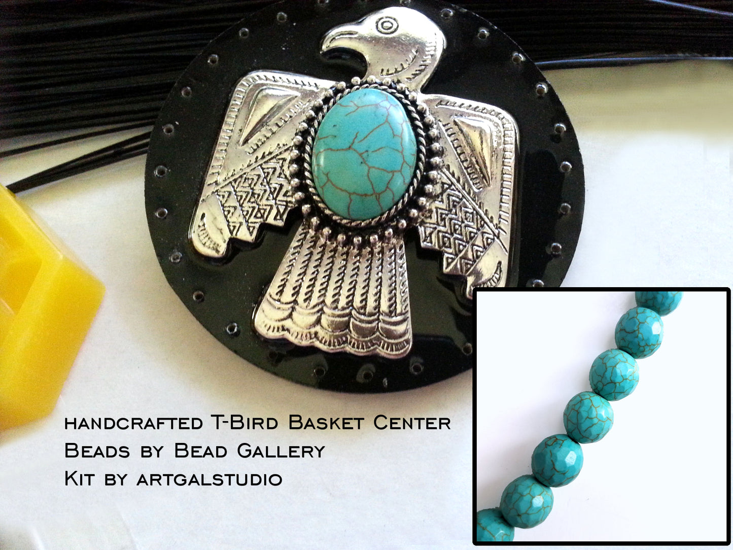 Pine Needle Basket Kit - SILVER & TURQUOISE THUNDERBIRD Southwestern Theme