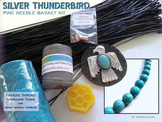 Pine Needle Basket Kit - SILVER & TURQUOISE THUNDERBIRD Southwestern Theme