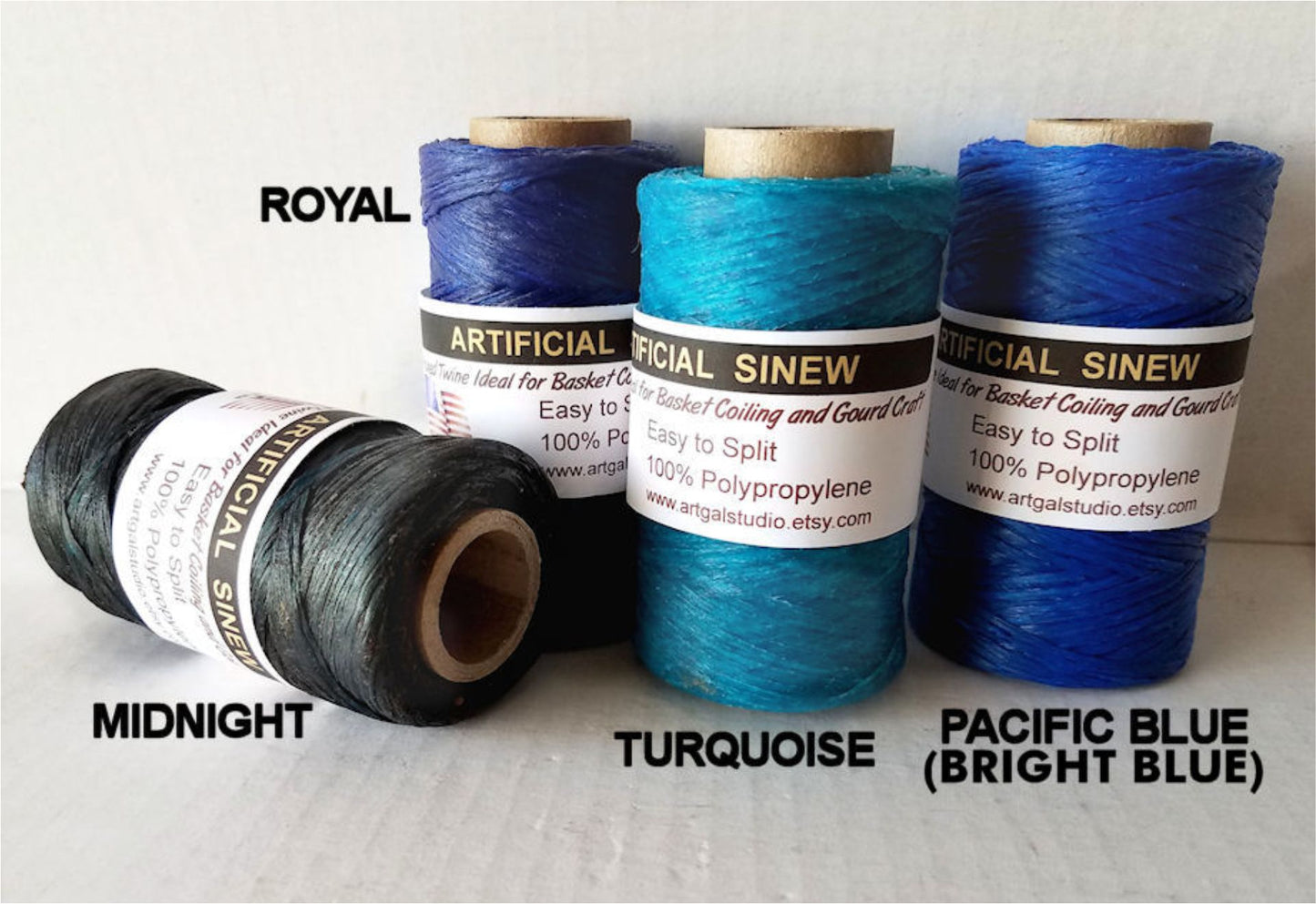 Imitation / Artificial Sinew 4 oz spools in shades of blue